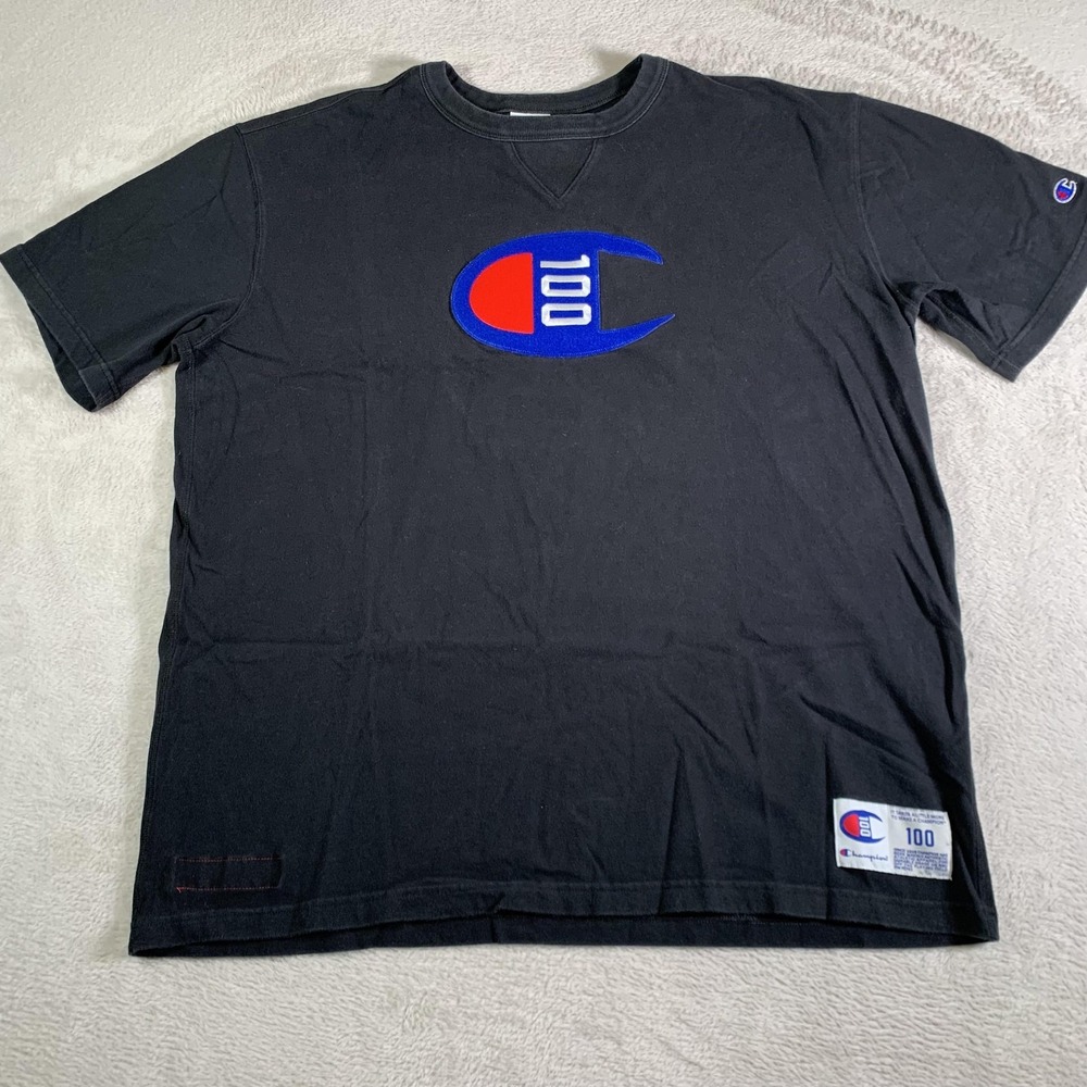 Champion Shirt Mens 2XL Black 100 Logo Graphic Tee Centennial Anniversary Tee